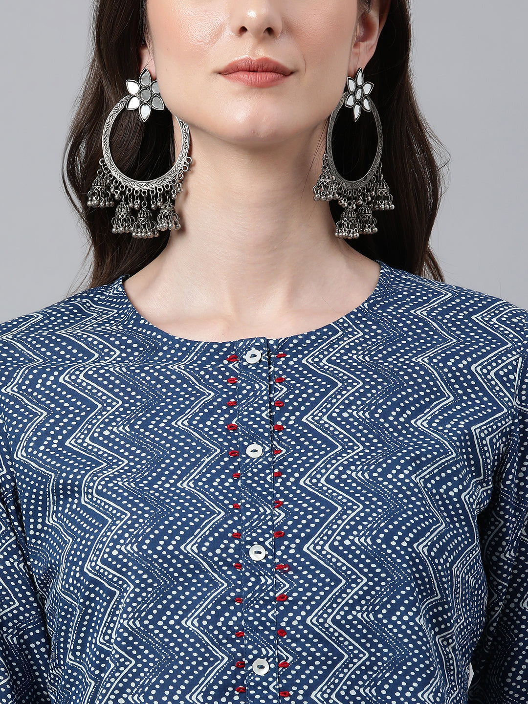 Janasya Women's Indigo Cotton Zig Zag Printed Casual Straight Kurta | Grocsy