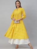 Janasya Women's Mustard Cotton Botanical Printed Casual Flared Kurta | Grocsy