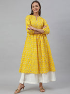 Janasya Women's Mustard Cotton Botanical Printed Casual Flared Kurta | Grocsy