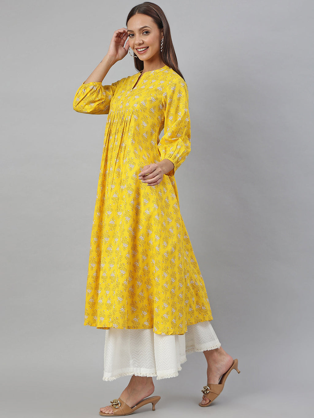 Janasya Women's Mustard Cotton Botanical Printed Casual Flared Kurta | Grocsy