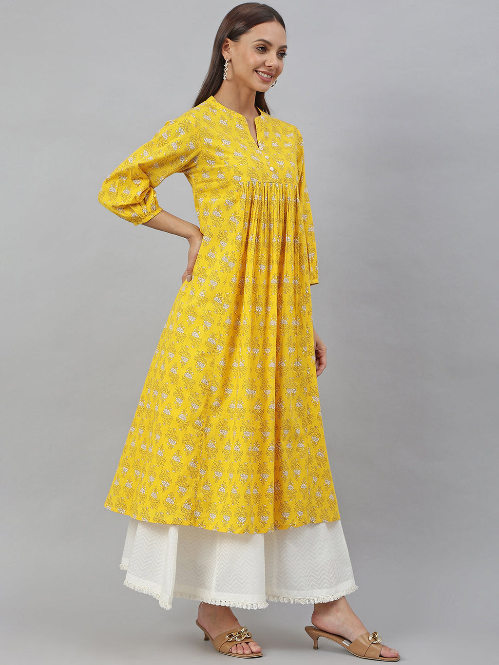 Janasya Women's Mustard Cotton Botanical Printed Casual Flared Kurta | Grocsy