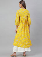 Janasya Women's Mustard Cotton Botanical Printed Casual Flared Kurta | Grocsy