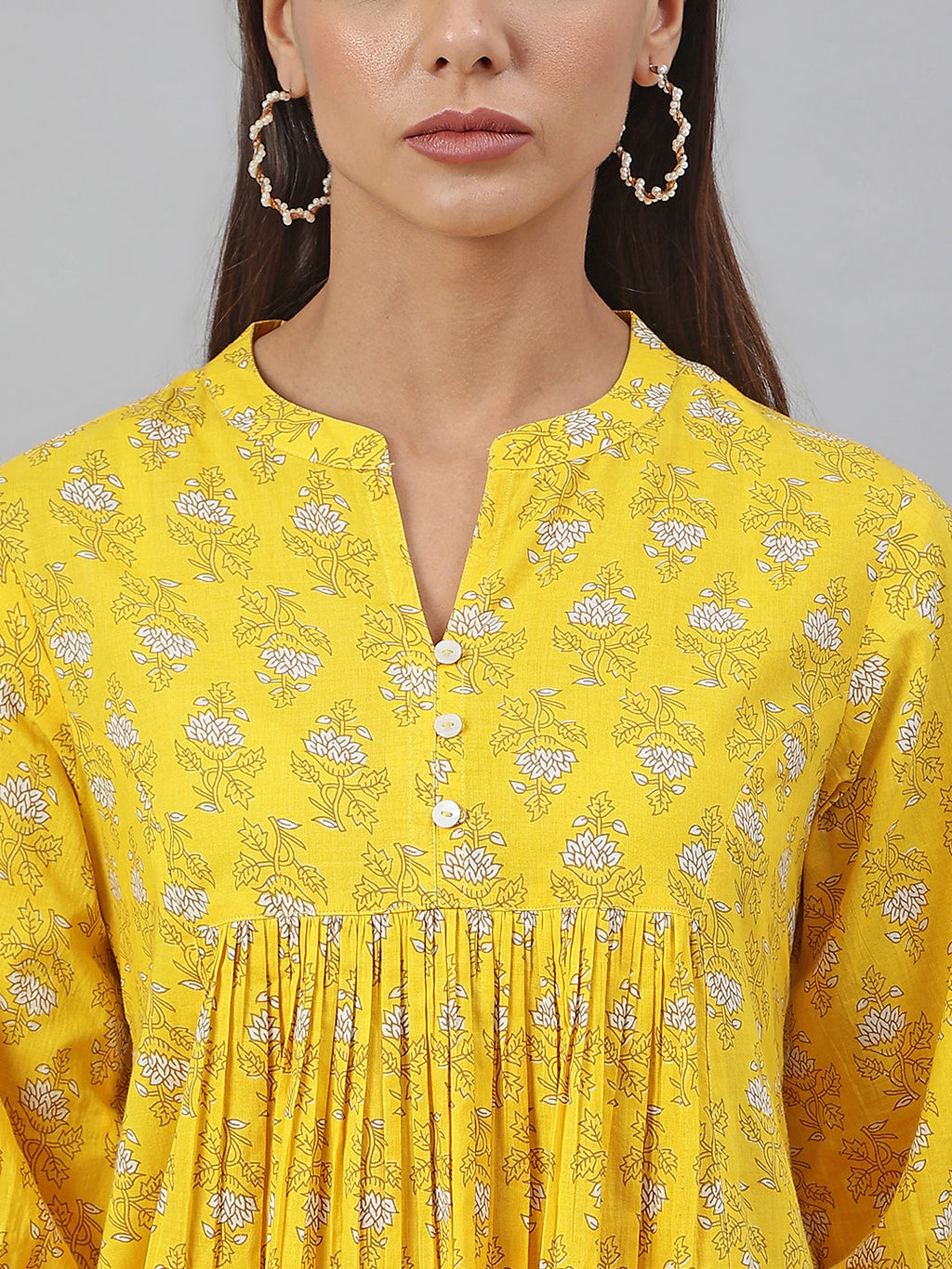 Janasya Women's Mustard Cotton Botanical Printed Casual Flared Kurta | Grocsy