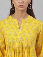 Janasya Women's Mustard Cotton Botanical Printed Casual Flared Kurta | Grocsy