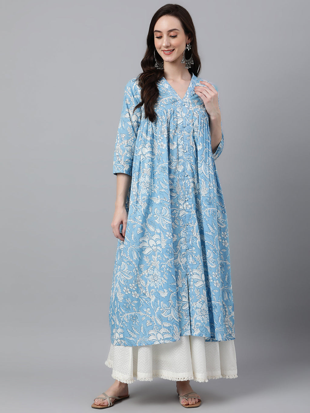 Janasya Women's Sky Blue Cotton Floral Printed Casual Flared Kurta | Grocsy