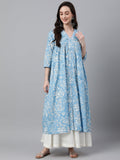 Janasya Women's Sky Blue Cotton Floral Printed Casual Flared Kurta | Grocsy