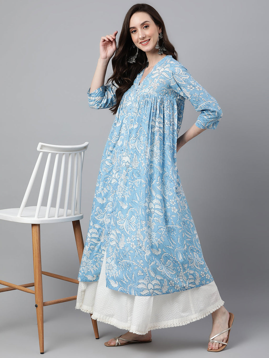 Janasya Women's Sky Blue Cotton Floral Printed Casual Flared Kurta | Grocsy