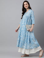 Janasya Women's Sky Blue Cotton Floral Printed Casual Flared Kurta | Grocsy