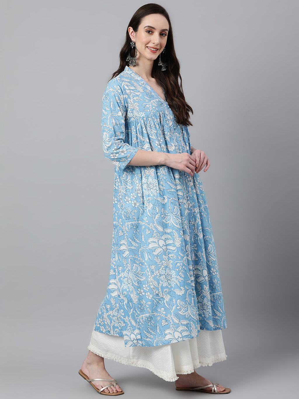 Janasya Women's Sky Blue Cotton Floral Printed Casual Flared Kurta | Grocsy