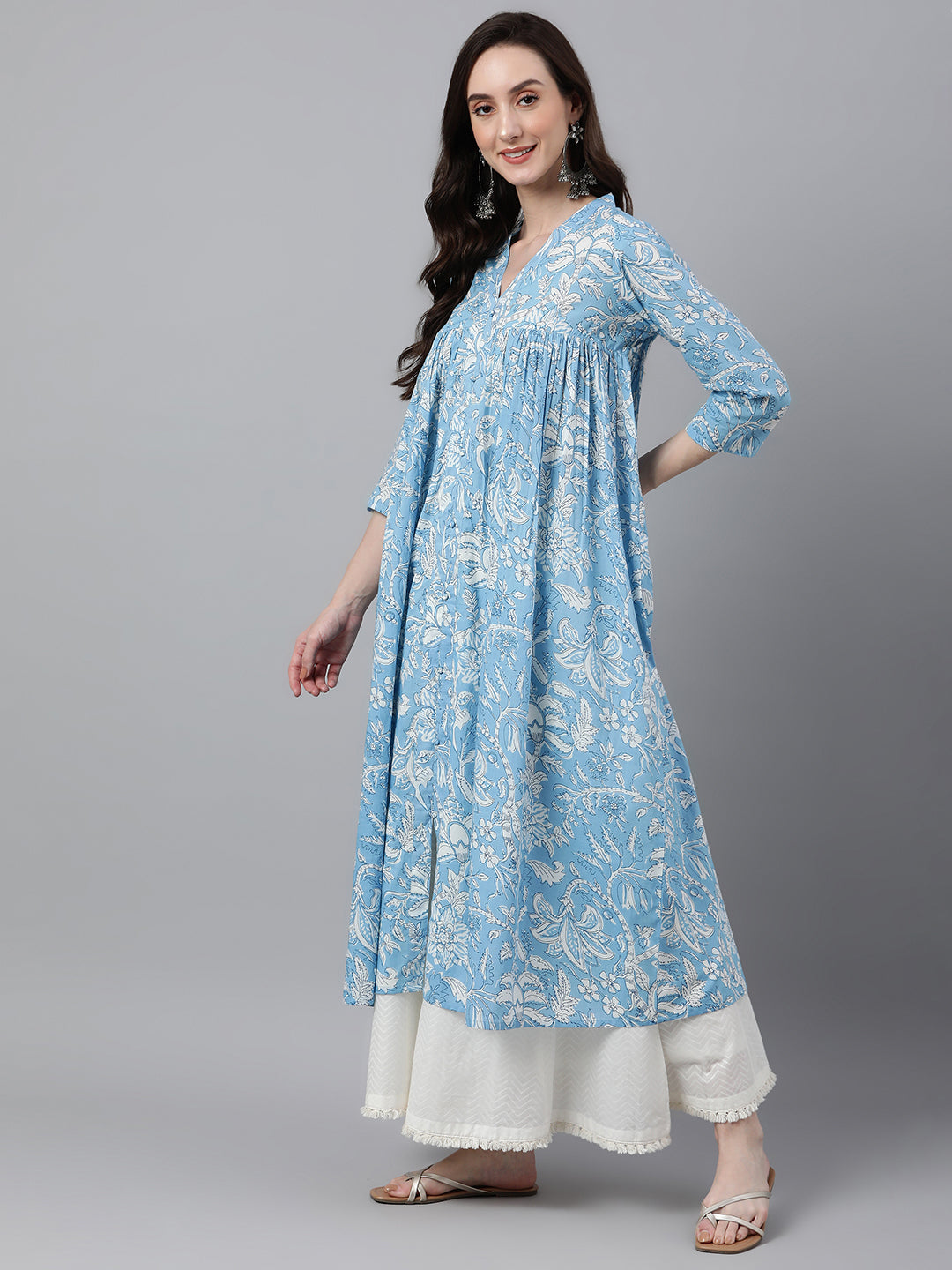 Janasya Women's Sky Blue Cotton Floral Printed Casual Flared Kurta | Grocsy