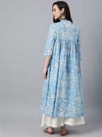 Janasya Women's Sky Blue Cotton Floral Printed Casual Flared Kurta | Grocsy