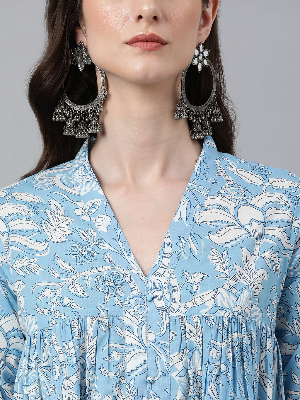 Janasya Women's Sky Blue Cotton Floral Printed Casual Flared Kurta | Grocsy