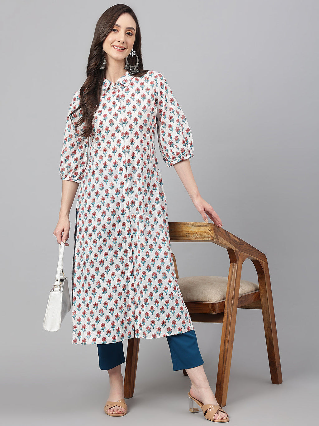 Janasya Women's White Cotton Floral Printed Casual Straight Kurta | Grocsy