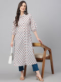 Janasya Women's White Cotton Floral Printed Casual Straight Kurta | Grocsy
