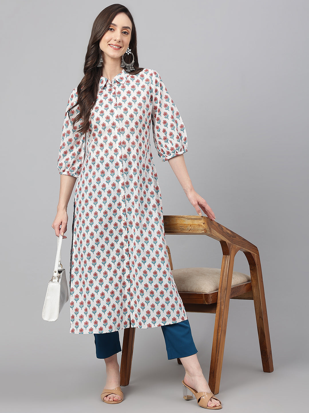 Janasya Women's White Cotton Floral Printed Casual Straight Kurta | Grocsy