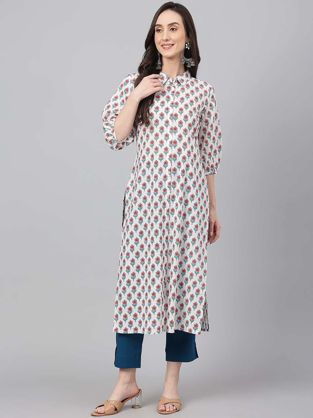 Janasya Women's White Cotton Floral Printed Casual Straight Kurta | Grocsy