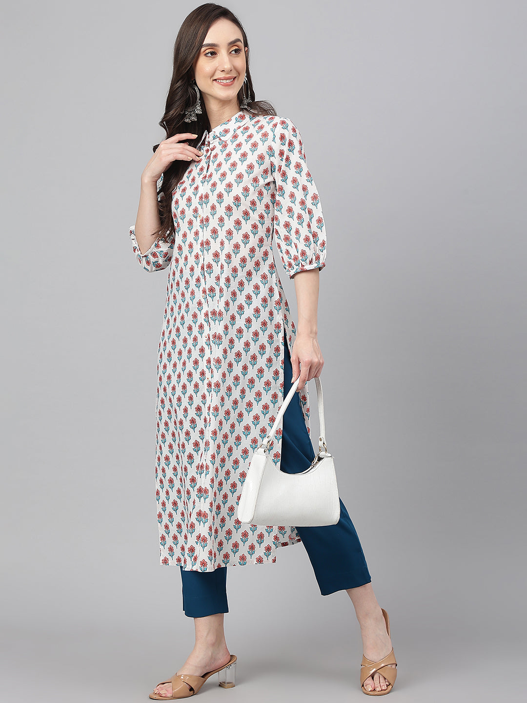 Janasya Women's White Cotton Floral Printed Casual Straight Kurta | Grocsy
