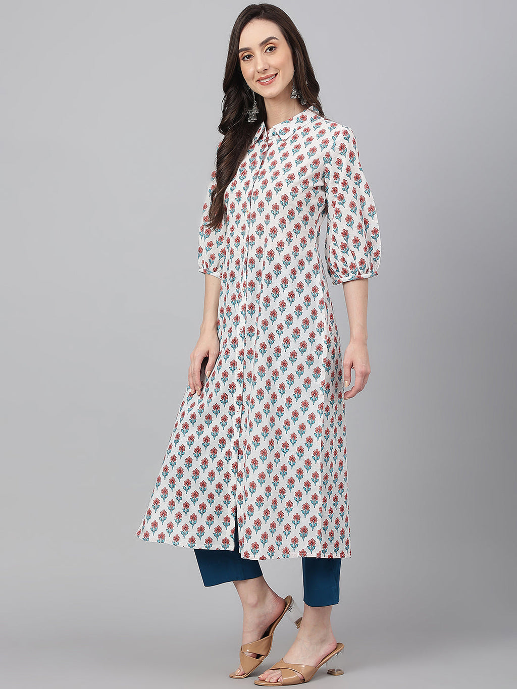 Janasya Women's White Cotton Floral Printed Casual Straight Kurta | Grocsy
