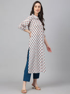 Janasya Women's White Cotton Floral Printed Casual Straight Kurta | Grocsy