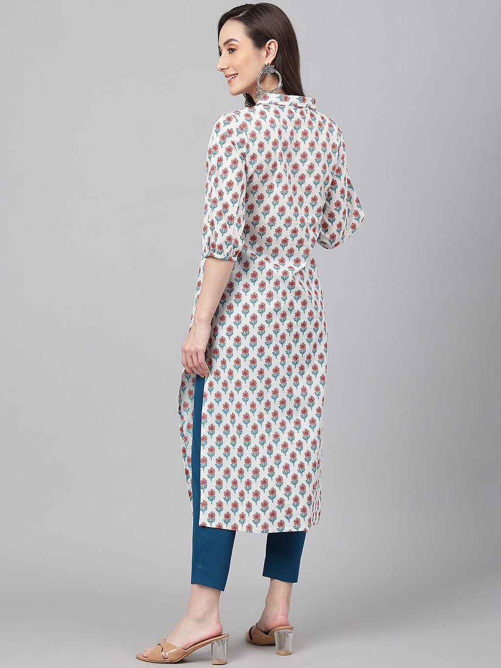 Janasya Women's White Cotton Floral Printed Casual Straight Kurta | Grocsy