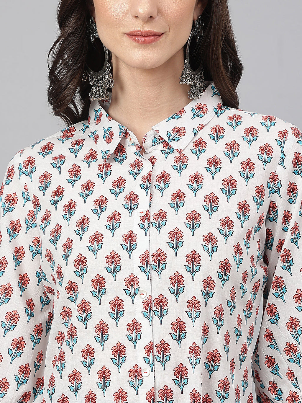 Janasya Women's White Cotton Floral Printed Casual Straight Kurta | Grocsy