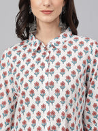 Janasya Women's White Cotton Floral Printed Casual Straight Kurta | Grocsy