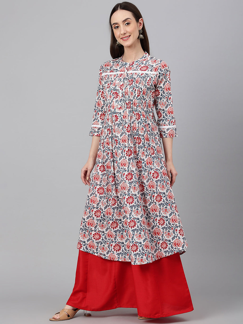 Janasya Women's White Cotton Floral Printed Casual Flared Kurta | Grocsy