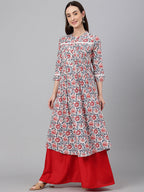 Janasya Women's White Cotton Floral Printed Casual Flared Kurta | Grocsy