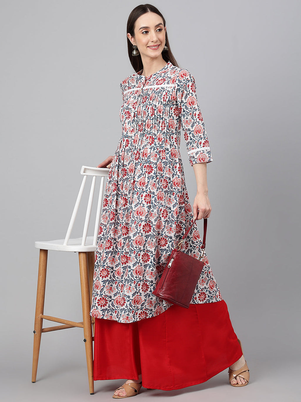 Janasya Women's White Cotton Floral Printed Casual Flared Kurta | Grocsy