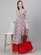 Janasya Women's White Cotton Floral Printed Casual Flared Kurta | Grocsy