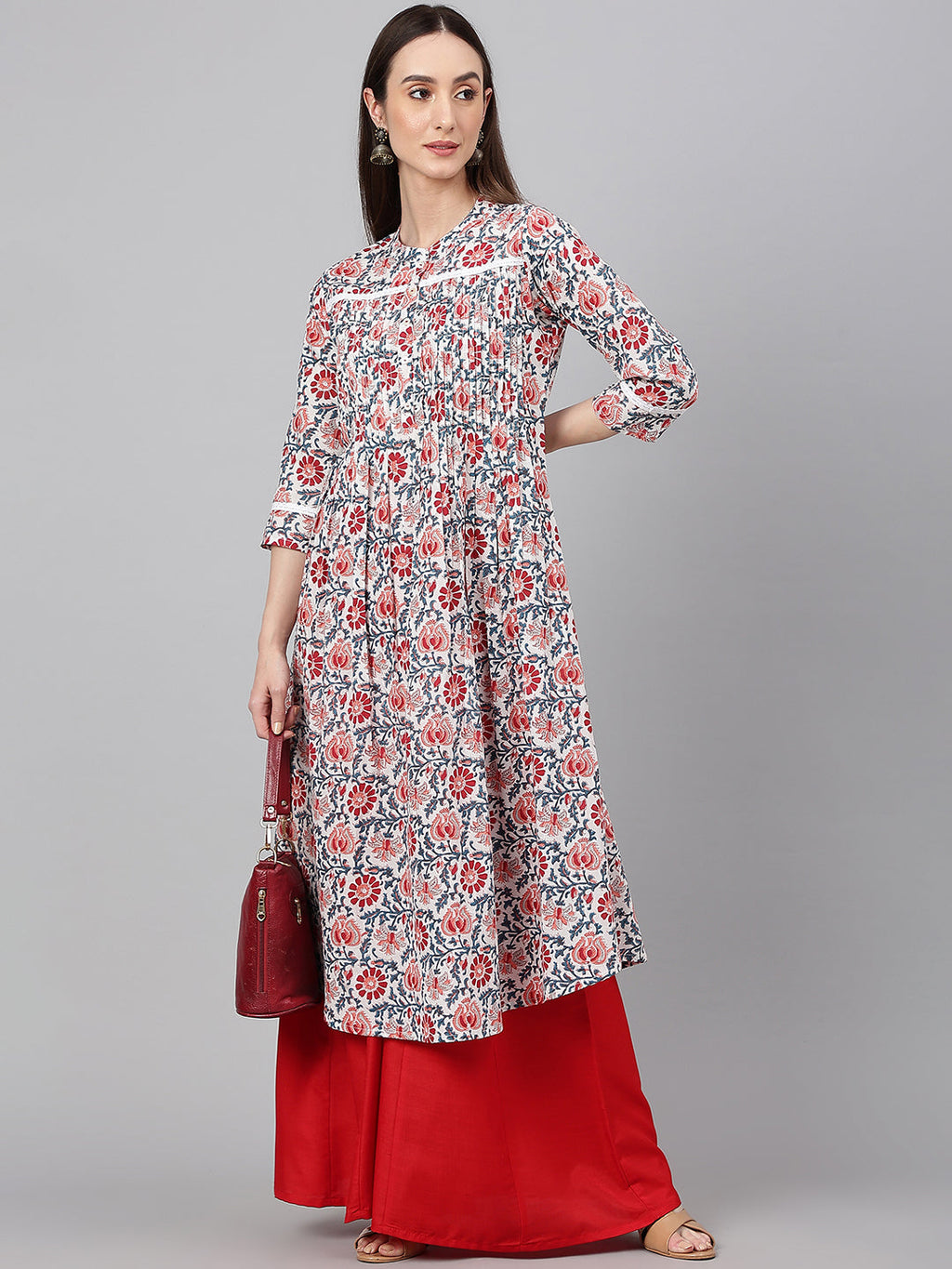 Janasya Women's White Cotton Floral Printed Casual Flared Kurta | Grocsy