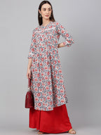 Janasya Women's White Cotton Floral Printed Casual Flared Kurta | Grocsy
