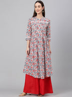 Janasya Women's White Cotton Floral Printed Casual Flared Kurta | Grocsy