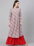 Janasya Women's White Cotton Floral Printed Casual Flared Kurta | Grocsy