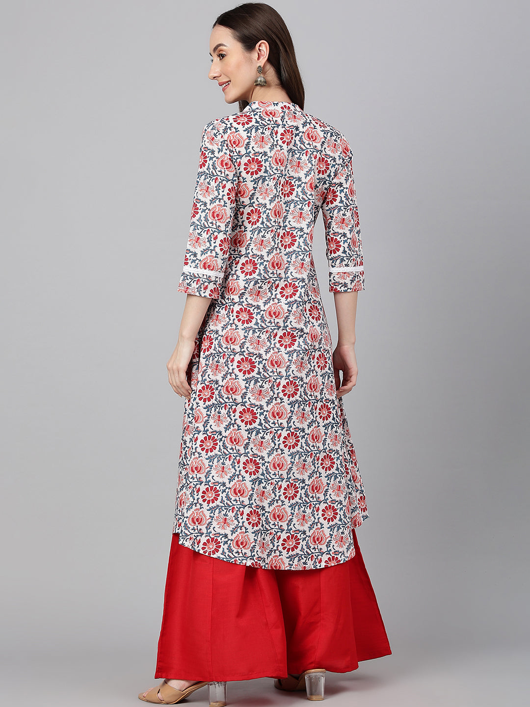 Janasya Women's White Cotton Floral Printed Casual Flared Kurta | Grocsy