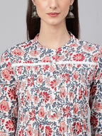 Janasya Women's White Cotton Floral Printed Casual Flared Kurta | Grocsy