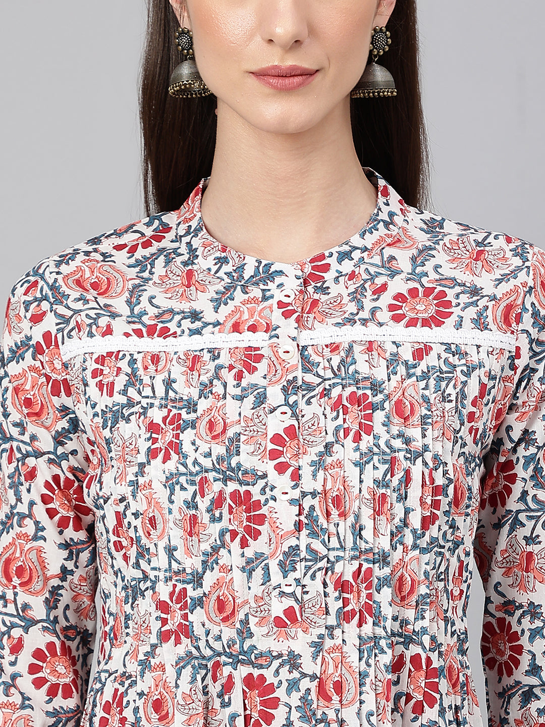 Janasya Women's White Cotton Floral Printed Casual Flared Kurta | Grocsy