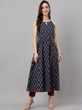 Janasya Women's Navy Blue Cotton Botanical Printed Casual Anarkali Kurta | Grocsy