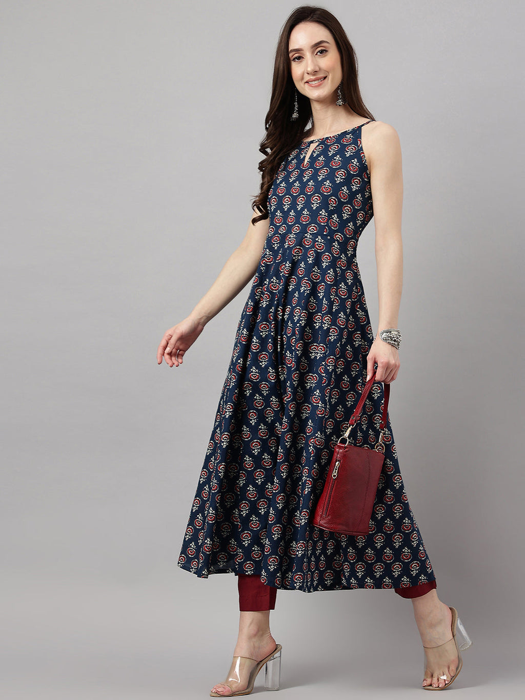 Janasya Women's Navy Blue Cotton Botanical Printed Casual Anarkali Kurta | Grocsy