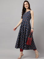 Janasya Women's Navy Blue Cotton Botanical Printed Casual Anarkali Kurta | Grocsy