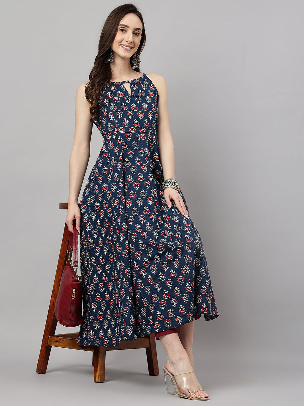 Janasya Women's Navy Blue Cotton Botanical Printed Casual Anarkali Kurta | Grocsy