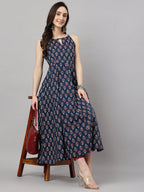 Janasya Women's Navy Blue Cotton Botanical Printed Casual Anarkali Kurta | Grocsy