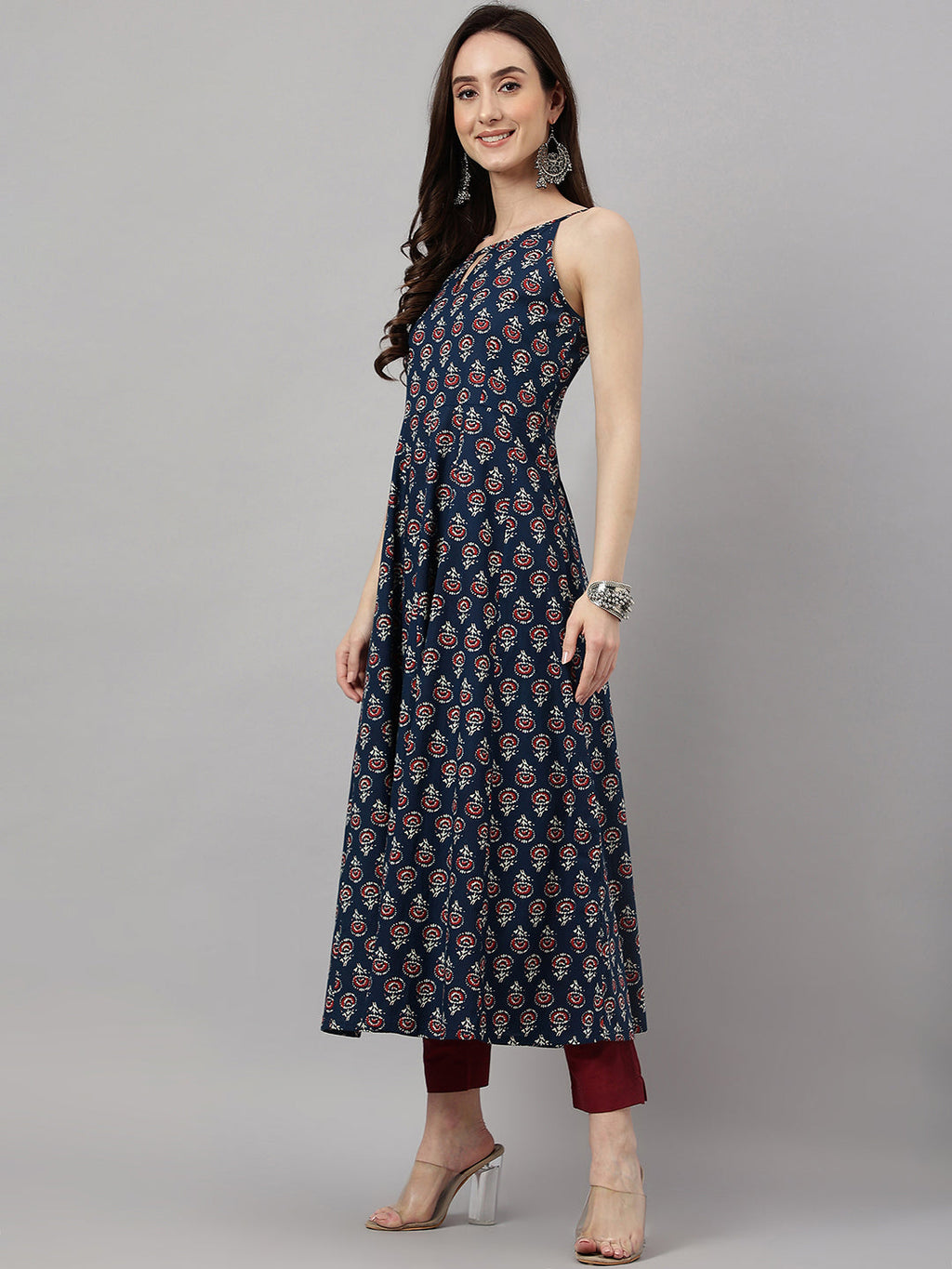 Janasya Women's Navy Blue Cotton Botanical Printed Casual Anarkali Kurta | Grocsy