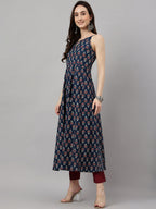 Janasya Women's Navy Blue Cotton Botanical Printed Casual Anarkali Kurta | Grocsy