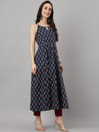 Janasya Women's Navy Blue Cotton Botanical Printed Casual Anarkali Kurta | Grocsy