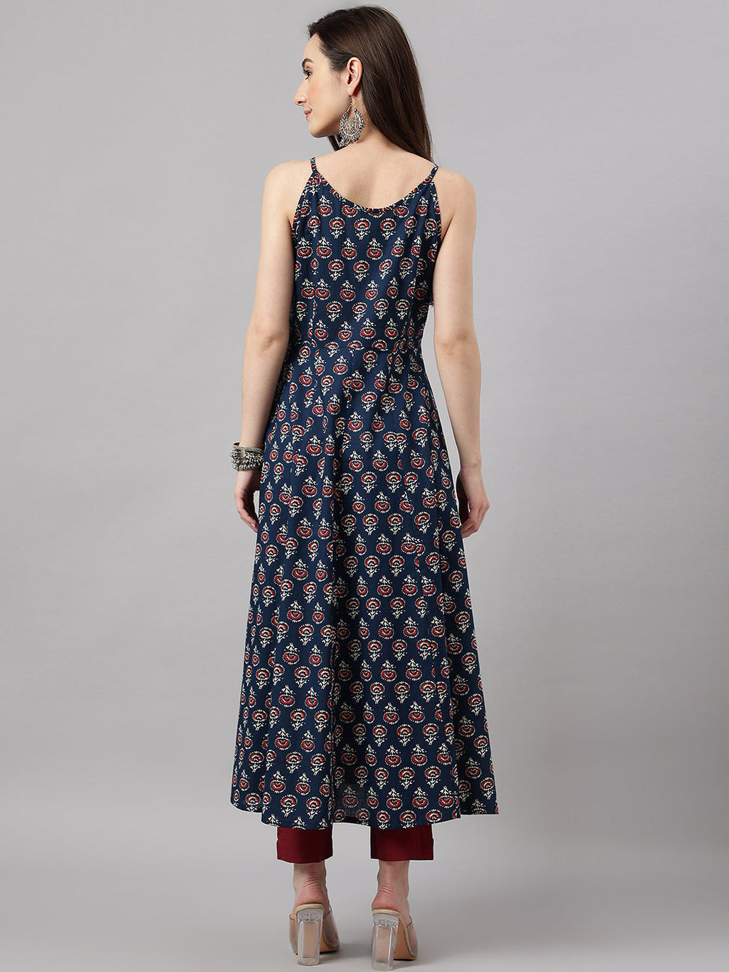 Janasya Women's Navy Blue Cotton Botanical Printed Casual Anarkali Kurta | Grocsy
