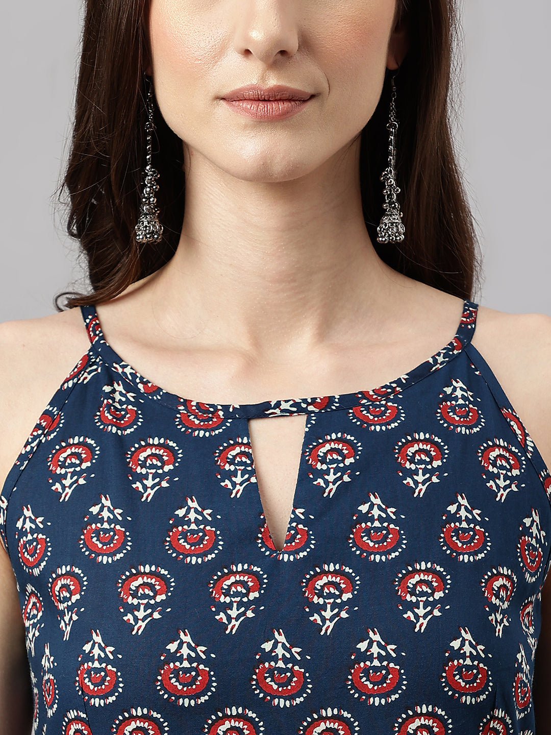Janasya Women's Navy Blue Cotton Botanical Printed Casual Anarkali Kurta | Grocsy