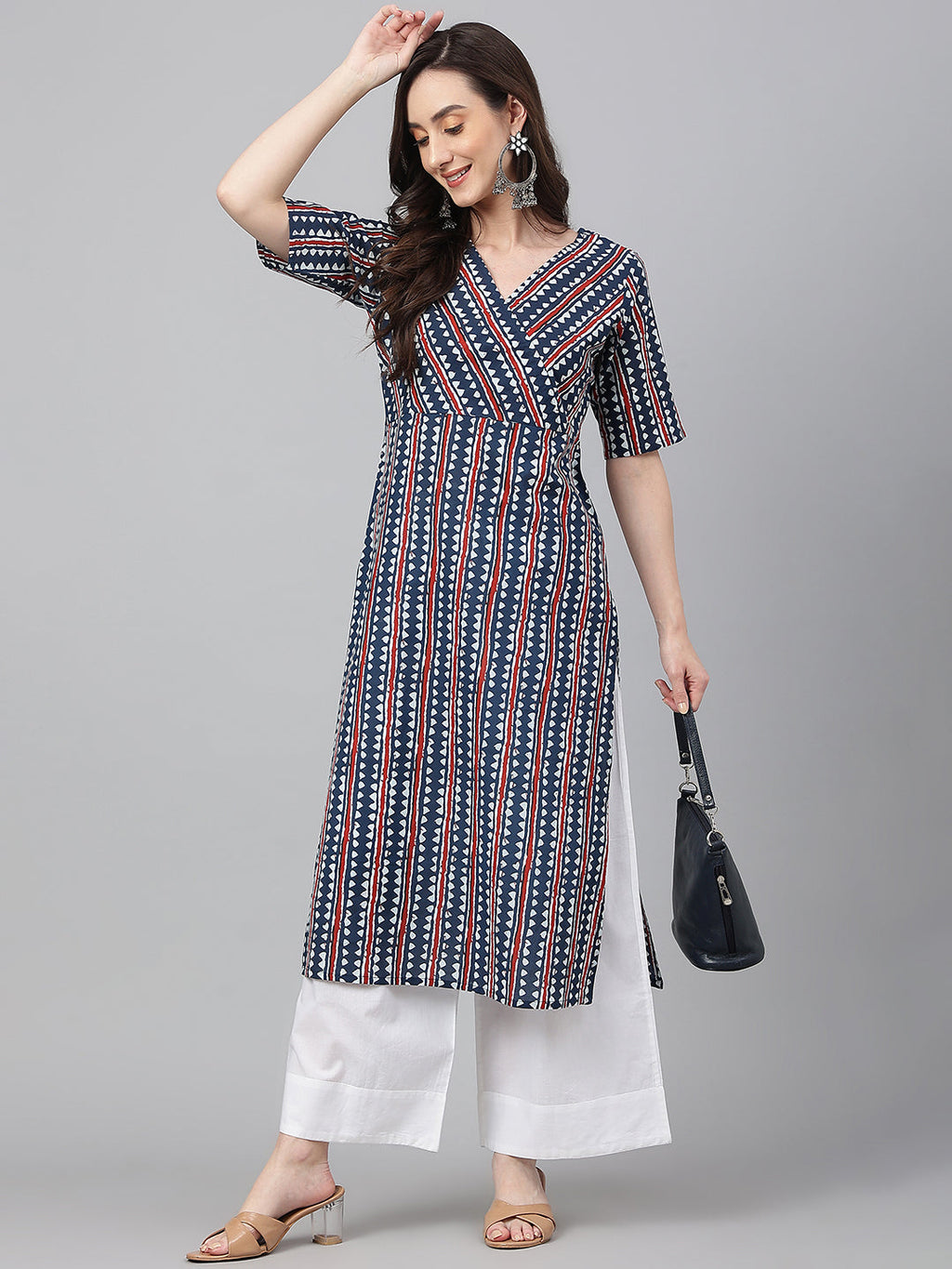 Janasya Women's Navy Blue Cotton Geometric Printed Casual Straight Kurta | Grocsy