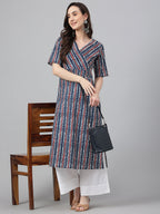 Janasya Women's Navy Blue Cotton Geometric Printed Casual Straight Kurta | Grocsy