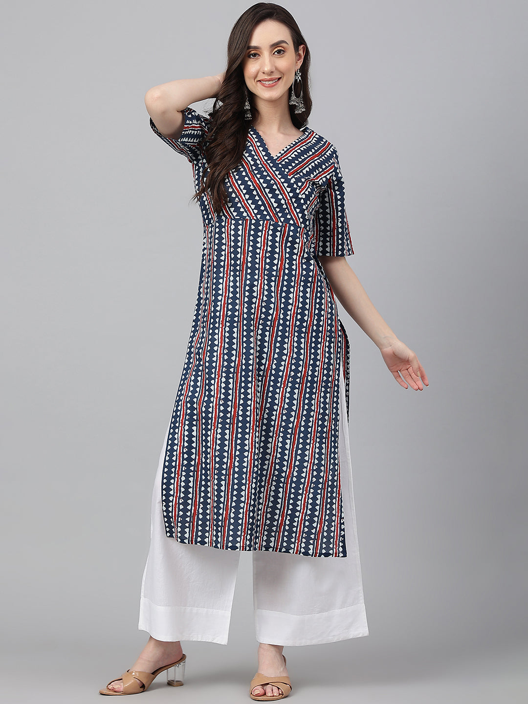 Janasya Women's Navy Blue Cotton Geometric Printed Casual Straight Kurta | Grocsy